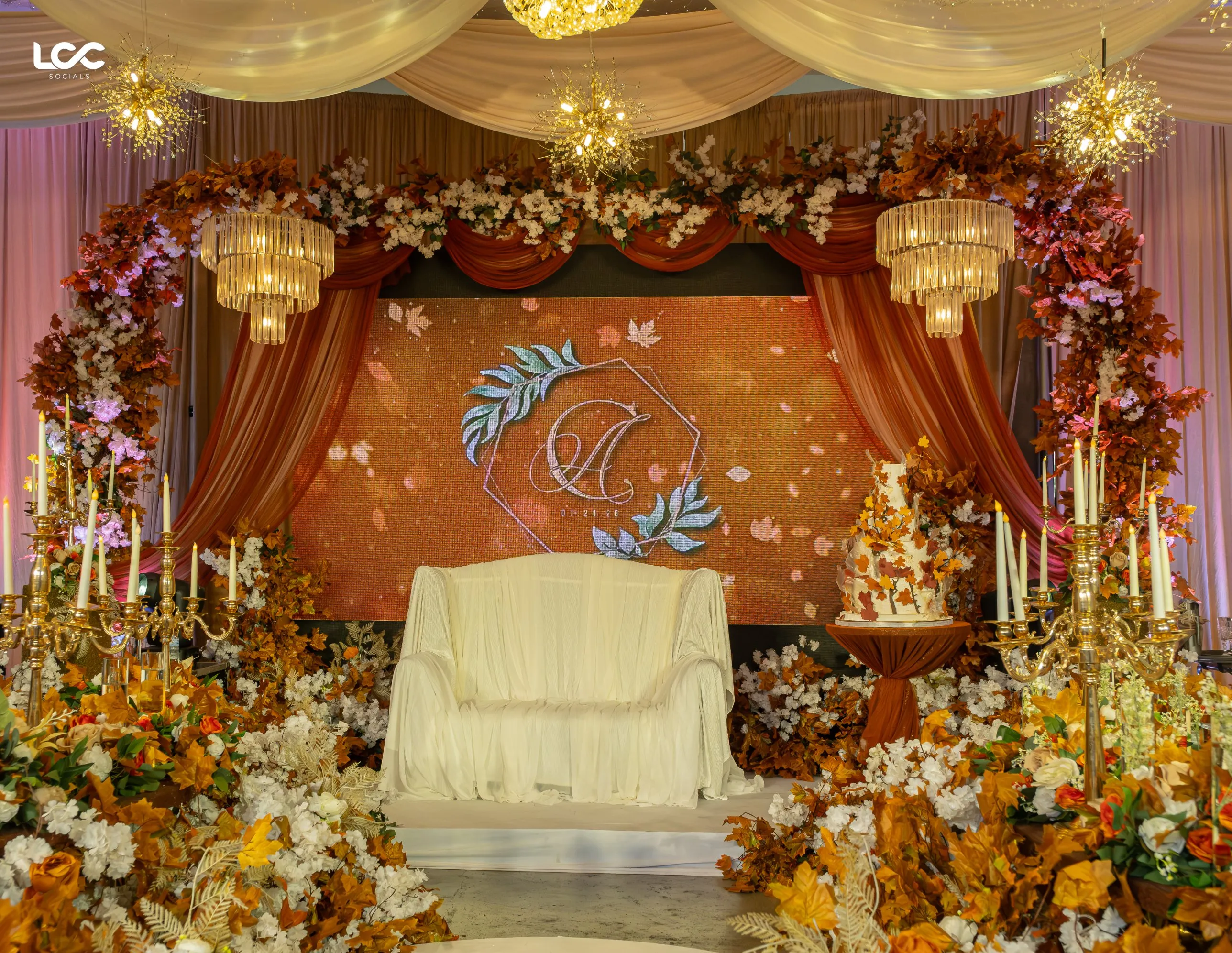 Autumn-themed wedding reception stage